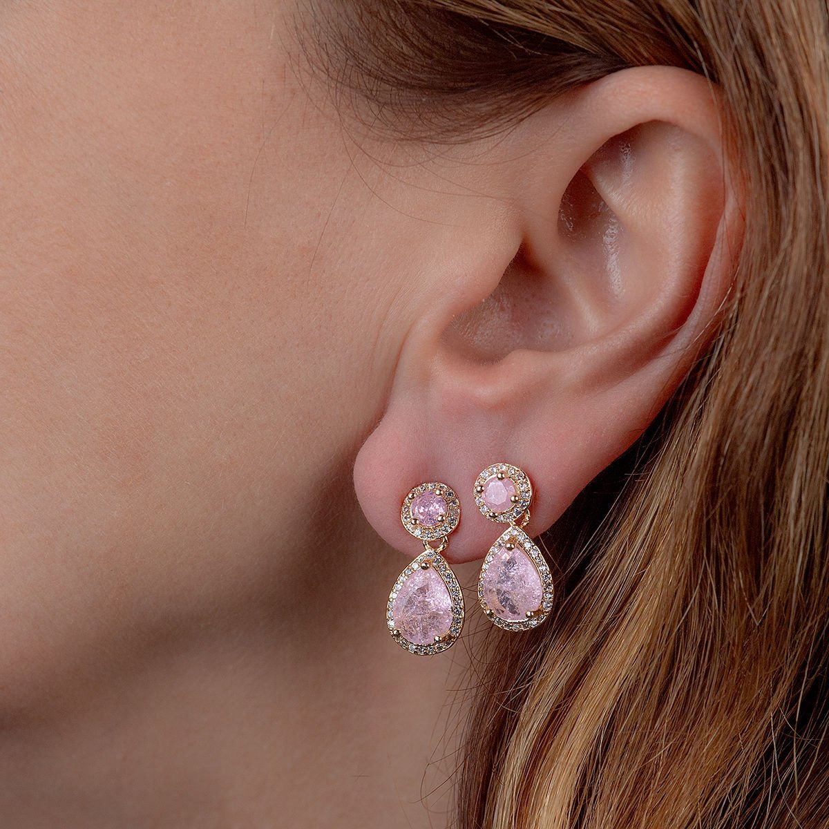 Pembe Taşlı Gold Damla Küpe
