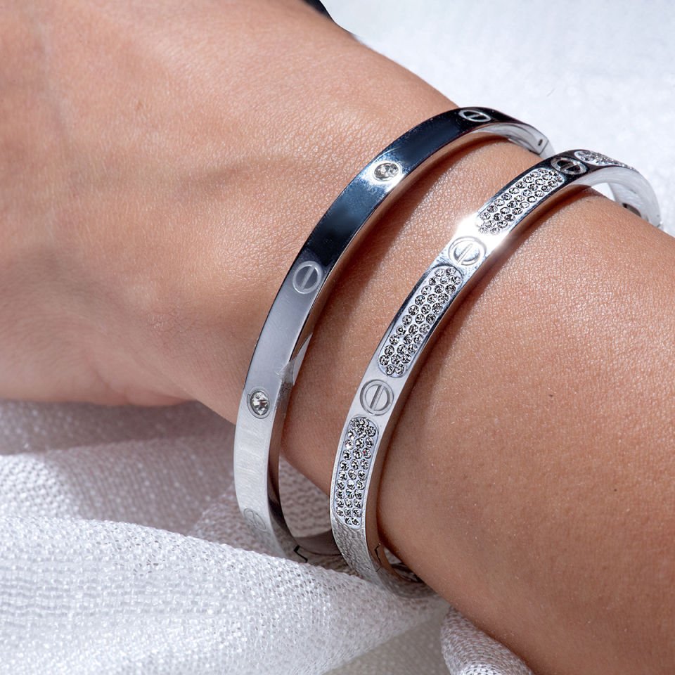 Silver Bileklik Full Taşlı Cartier Model Silver Çelik Bileklik