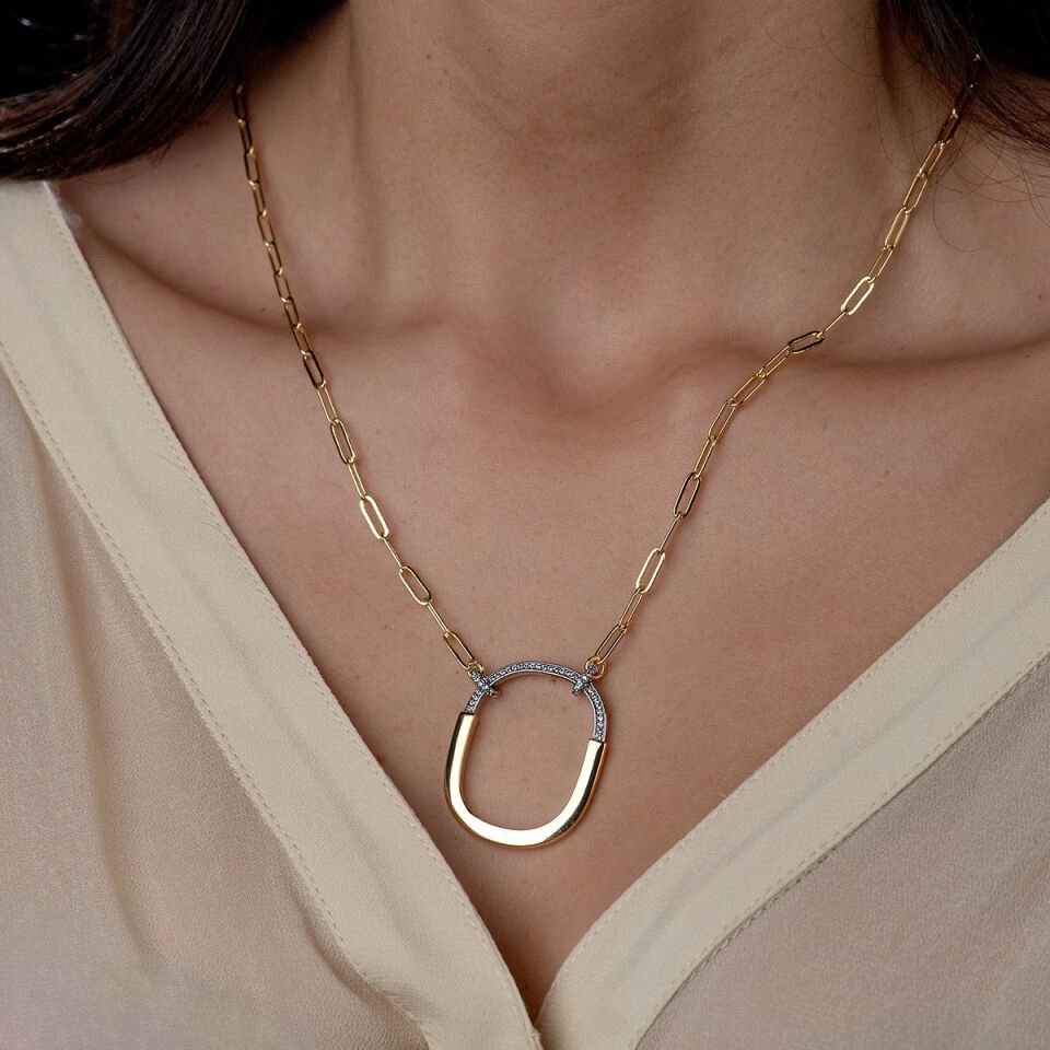 Zirkon Taşlı Oval Gold Kolye