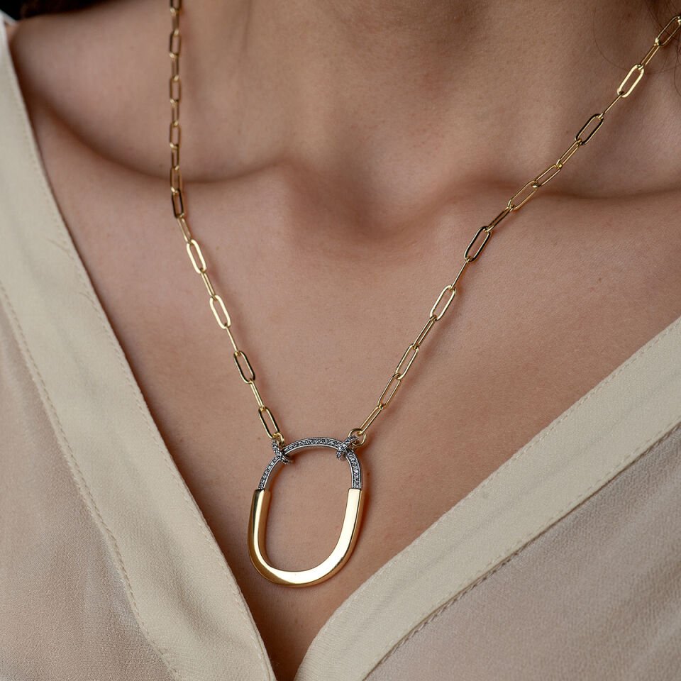 Zirkon Taşlı Oval Gold Kolye