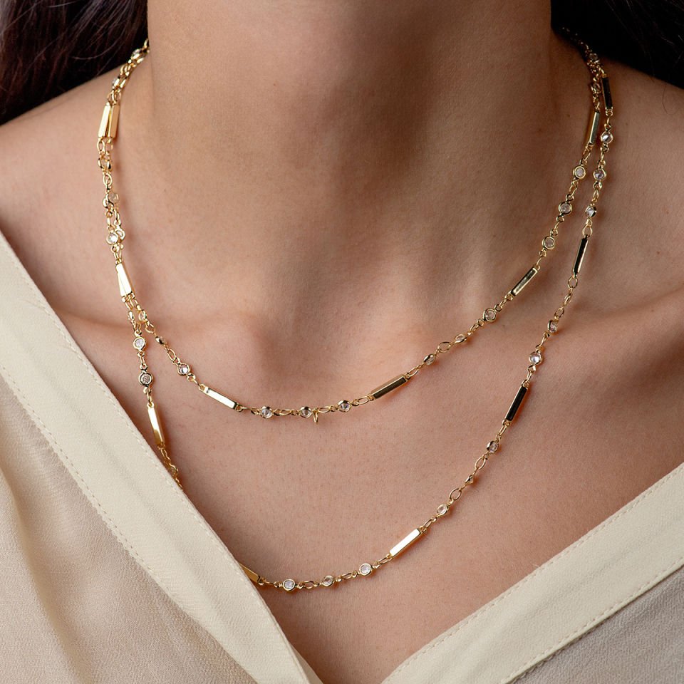 Yıldız Uçlu Gold Kolye Çift Dolamalı Yassı Model Taşlı Kolye