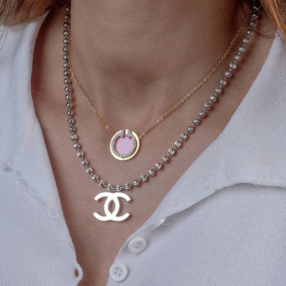 İthal Seri Kolye Pembe Taşlı Çelik Kolye