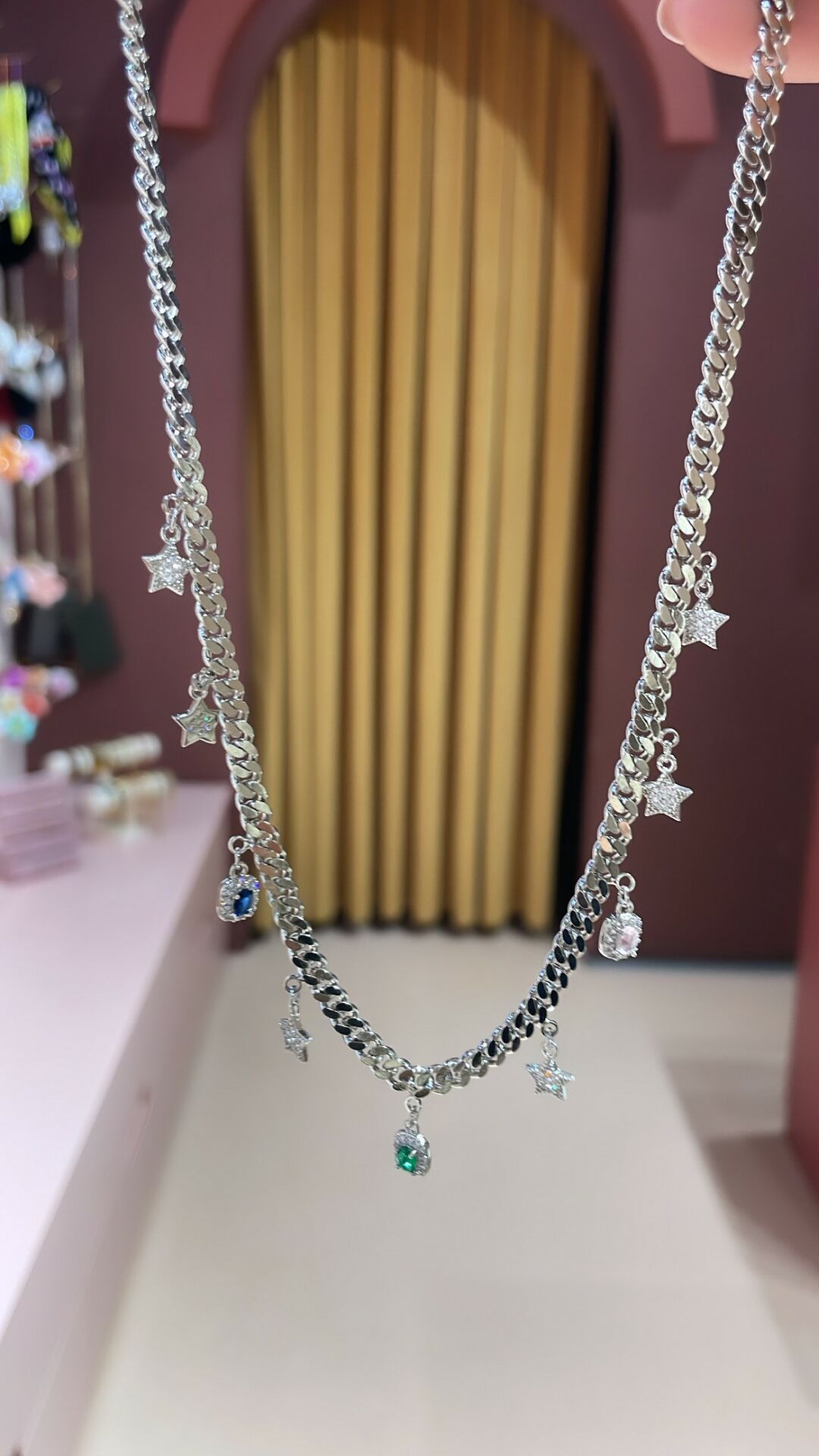 İthal Seri Kolye Renkli Taşlı Sallantılı Silver Kolye