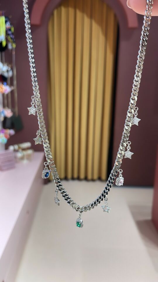 İthal Seri Kolye Renkli Taşlı Sallantılı Silver Kolye