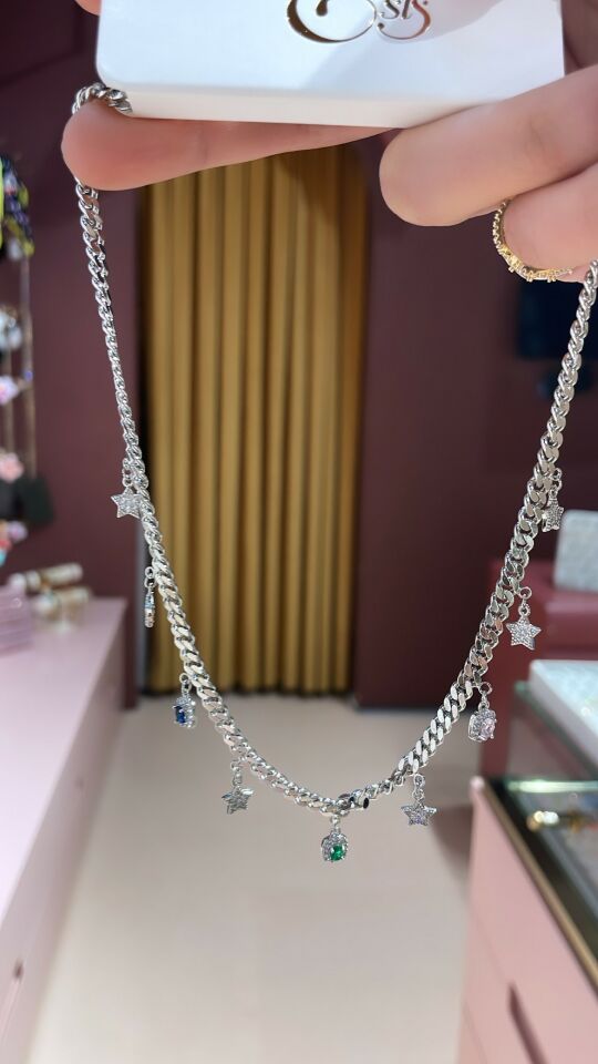 İthal Seri Kolye Renkli Taşlı Sallantılı Silver Kolye